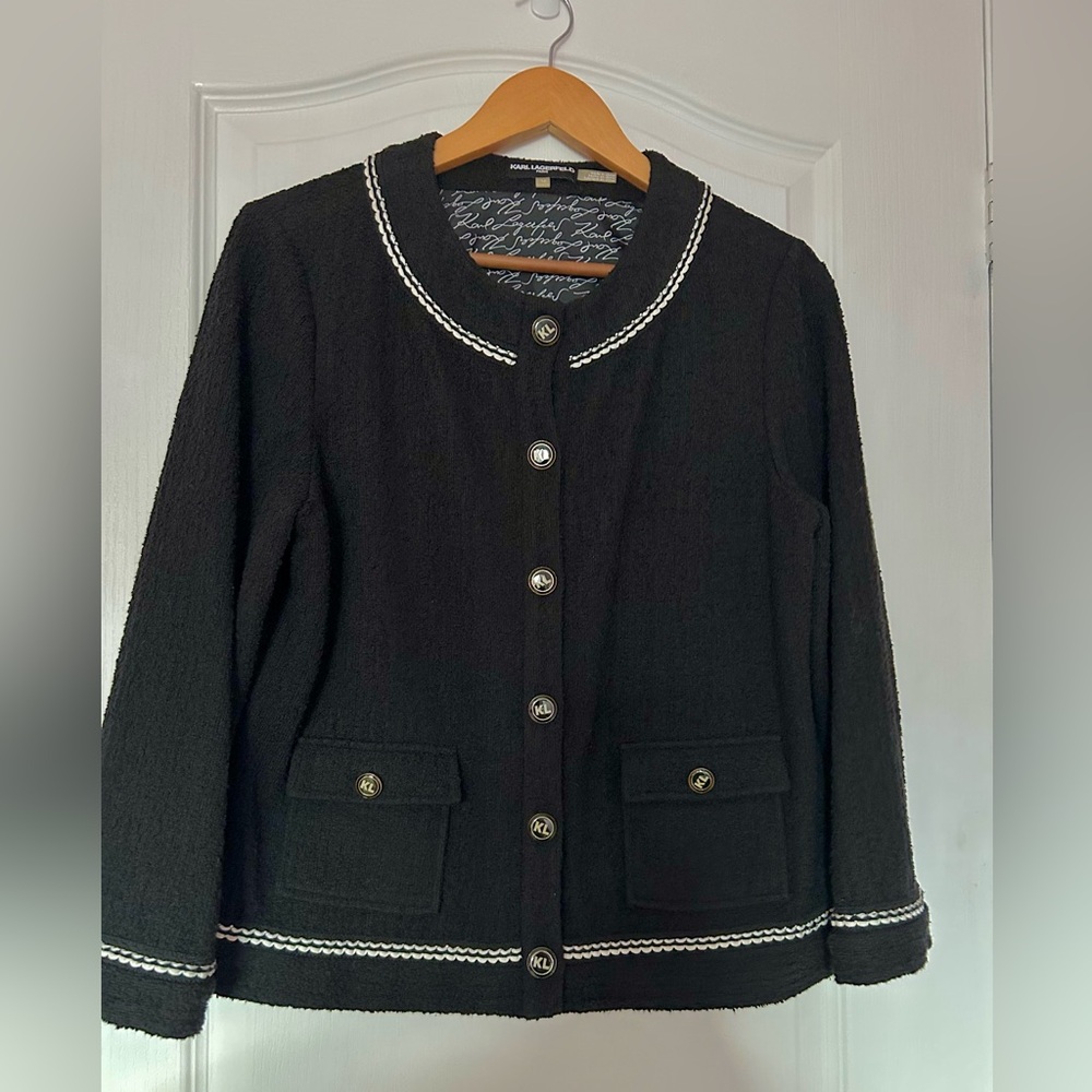Karl Lagerfeld TLBJ Black Women's Jacket Chanel Style with White Trim Size 12
